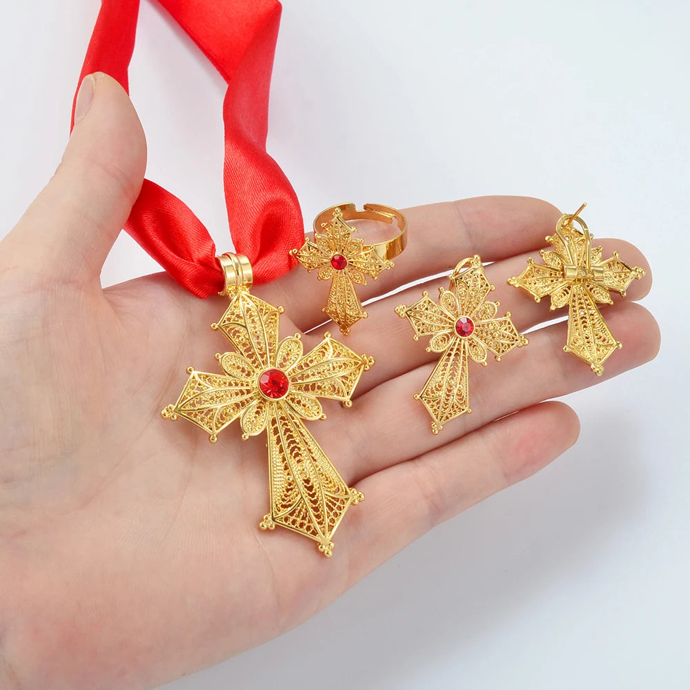 Silver/Gold Color Ethiopian Cross Jewelry sets Necklaces Earrings Rings African Eritrean Habesha Accessories