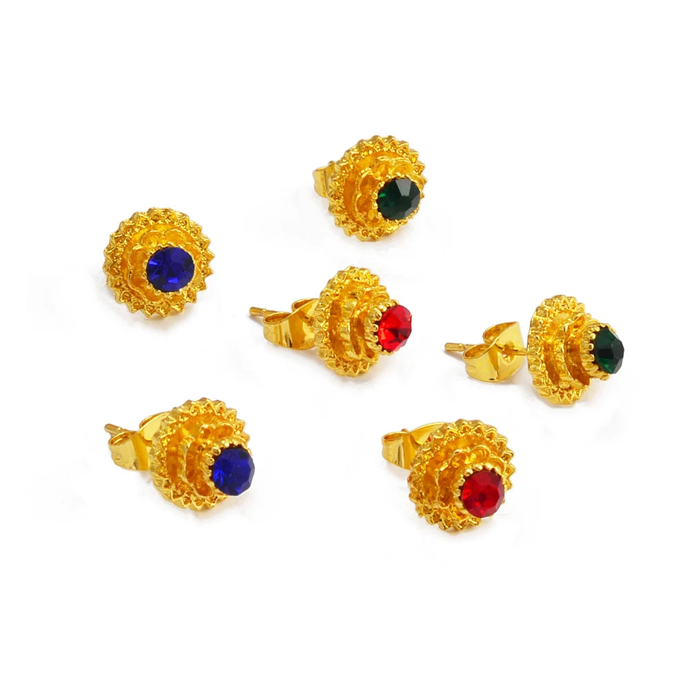 Ethiopian Small Round & Cross Stud Earrings Women  Eritrean Jewelry African Little Ear Studs With Rhinestone