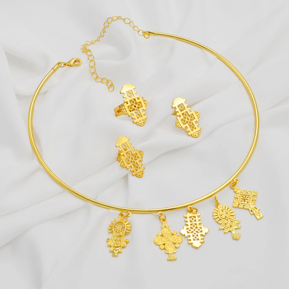 Ethiopian Eritrea Ethnic Jewelry Sets With Cross Chokers Earrings Rings for Women  Africa Wedding Party Gifts