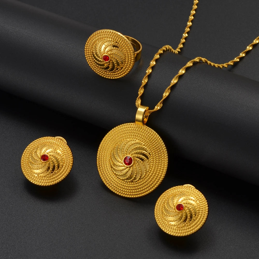 Ethiopian Culture Pendant Necklace Earrings Ring Women Silver/Gold Color Eritrea African Engaged Jewelry