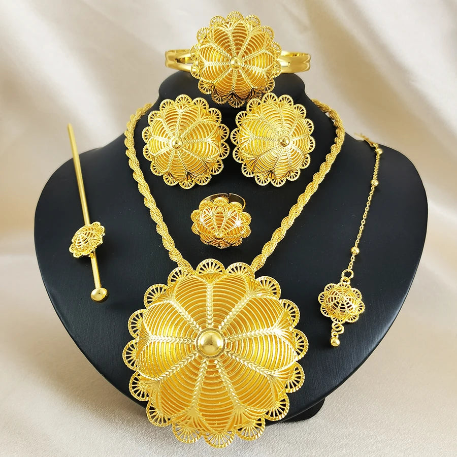 Luxury Gold Plated Filigree Jewelry Set Ethiopian Traditional Bib Necklace Bangle Earrings Ring for Women Wedding Gift
