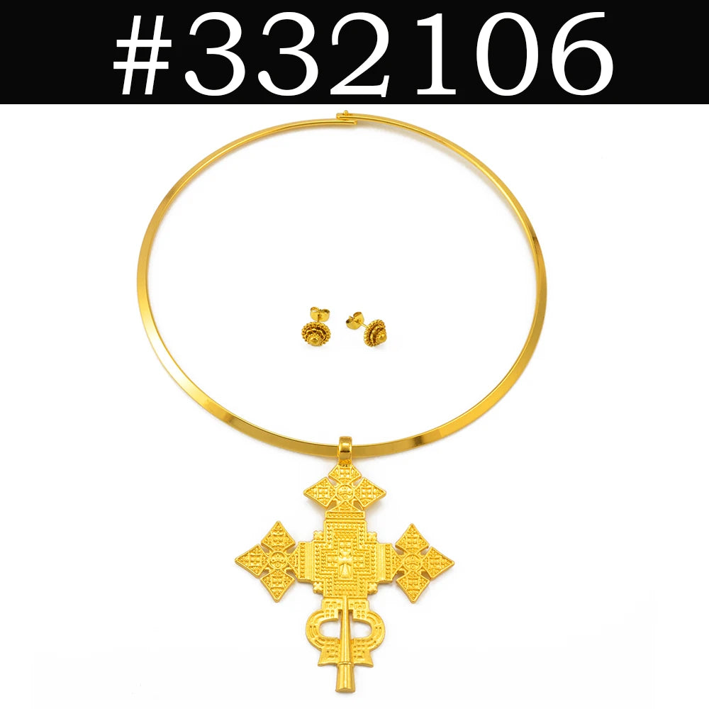 BIG SIZE PENDANT Chokers Collar and 1CM Small Earrings Ethiopian Jewelry sets Eritrean African Habesha