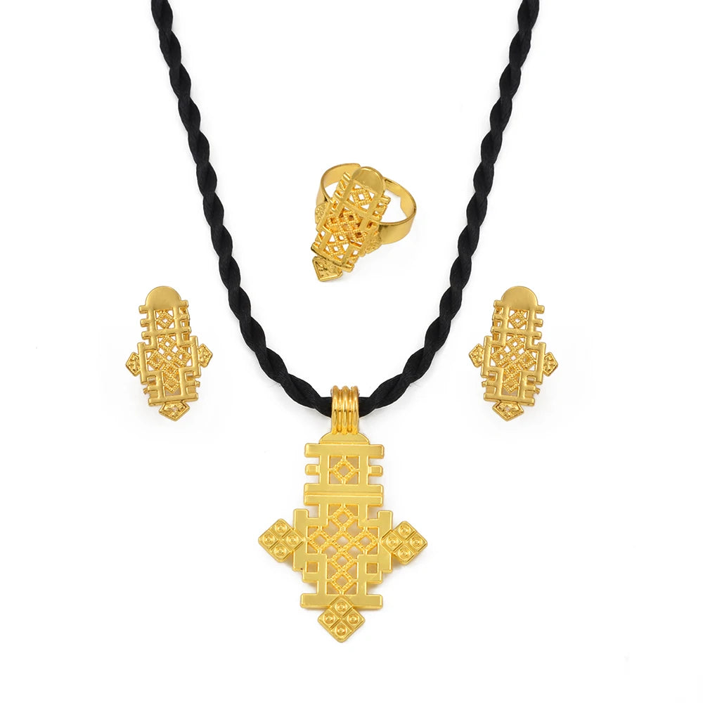 Ethiopian New Year Jewelry Sets Cross Necklaces Earrings Rings Eritrean Africa Bridal Christmas Day Party Gifts