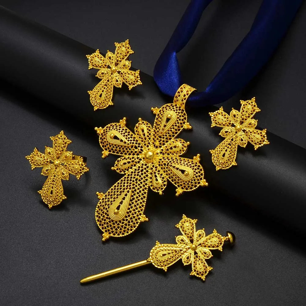 Ethiopian Cross Jewelry sets Silver/Gold Color Necklaces Earrings Ring Hairpin Eritrean African Ethnic Wedding