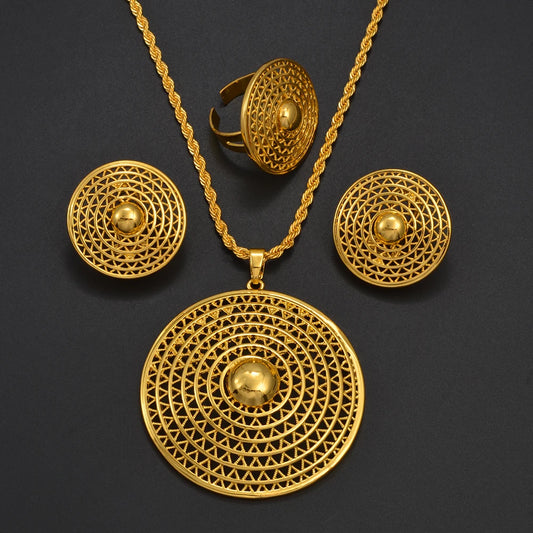 Ethiopian Jewelry Sets for Women Round Pendant Necklaces Earrings Ring Gold Color Eritrean Wedding Party