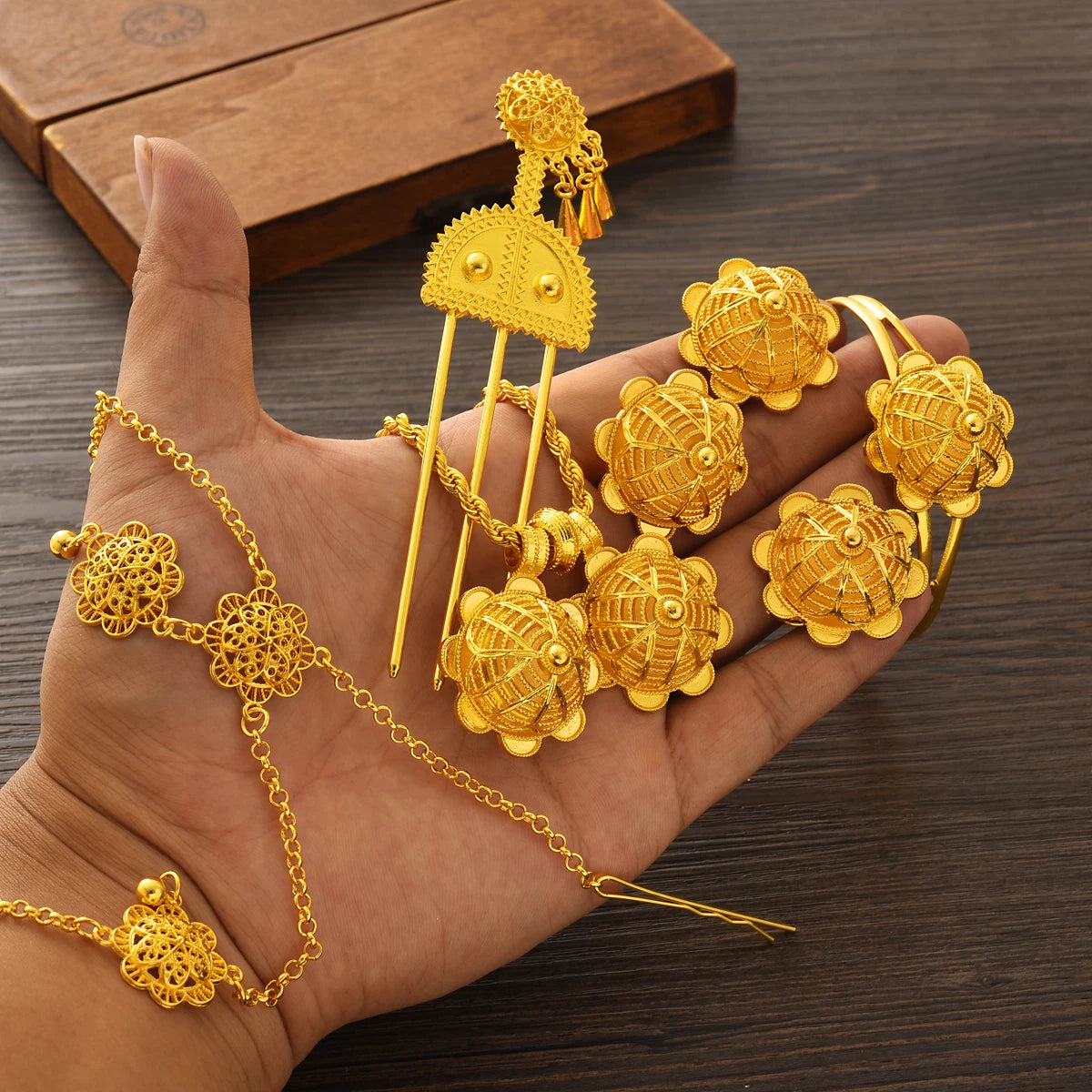 Ethiopian Gold Plated Jewelry sets Necklaces Earrings Ring Bracelet Hairpins Head Chains African Eritrean Weeding Holiday Gift