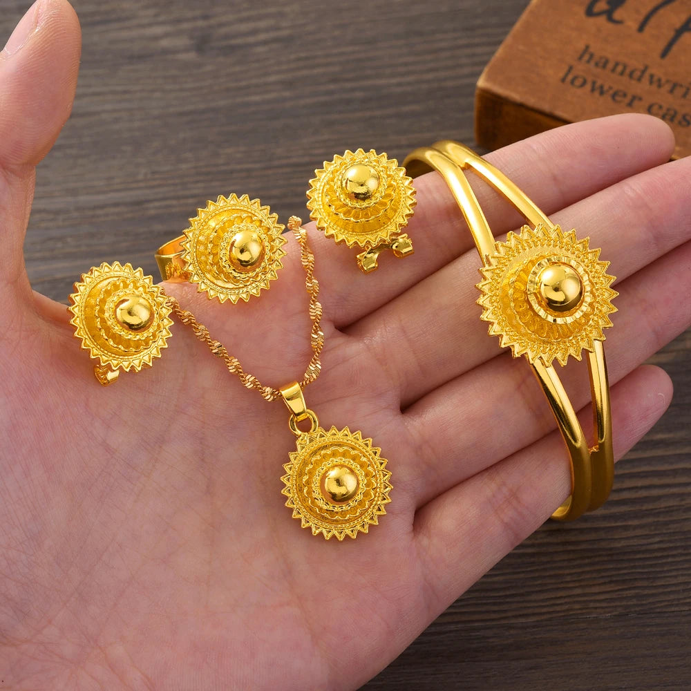Eritrean Ethiopian Jewelry Pendant Necklaces Earrings Ring Headchain for Women Gold Color African Weeding Productss Gift