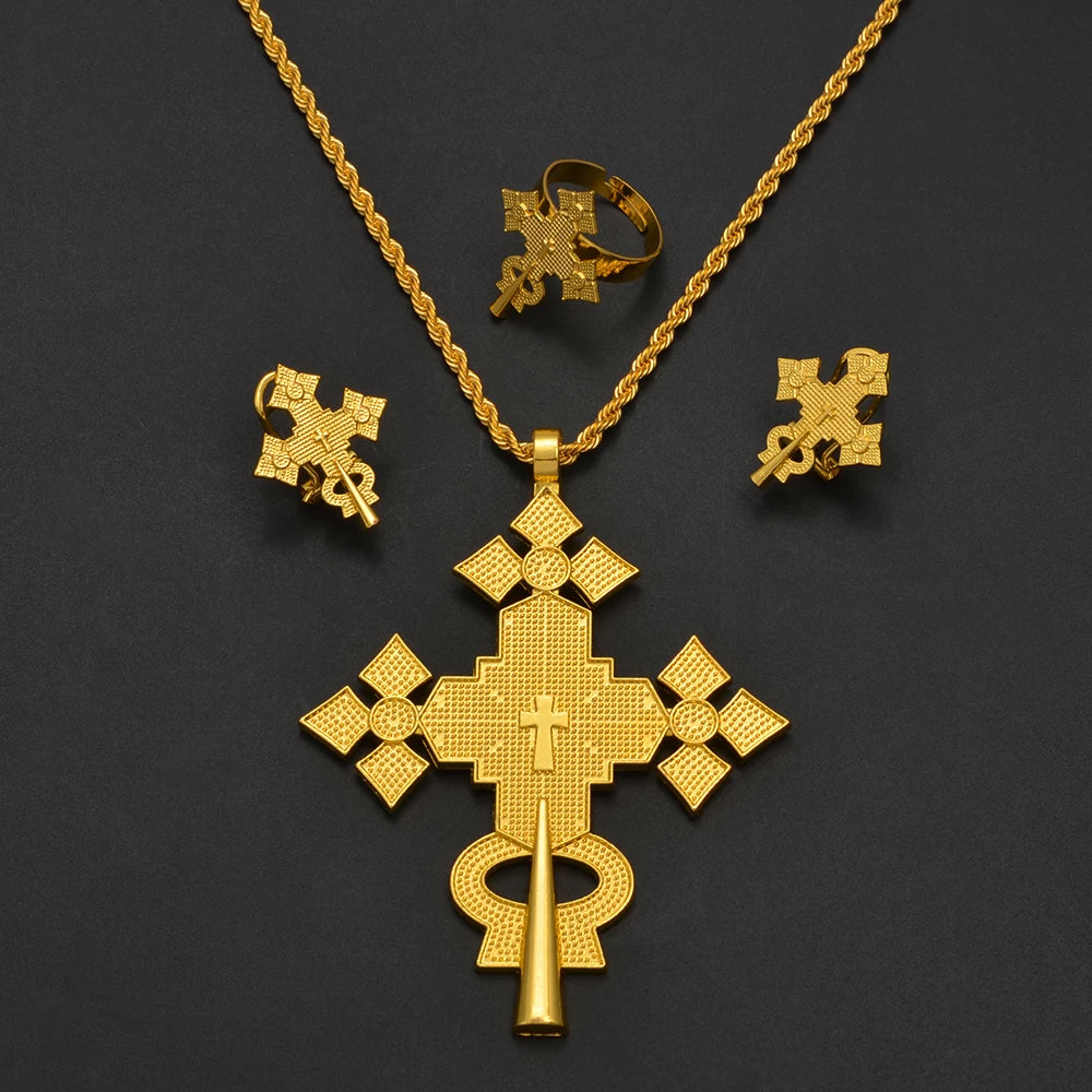 NEW Ethiopian Eritrea Cross Jewelry Sets Necklaces Earrings Rings for Women  Africa Ethnic Wedding Party Gifts
