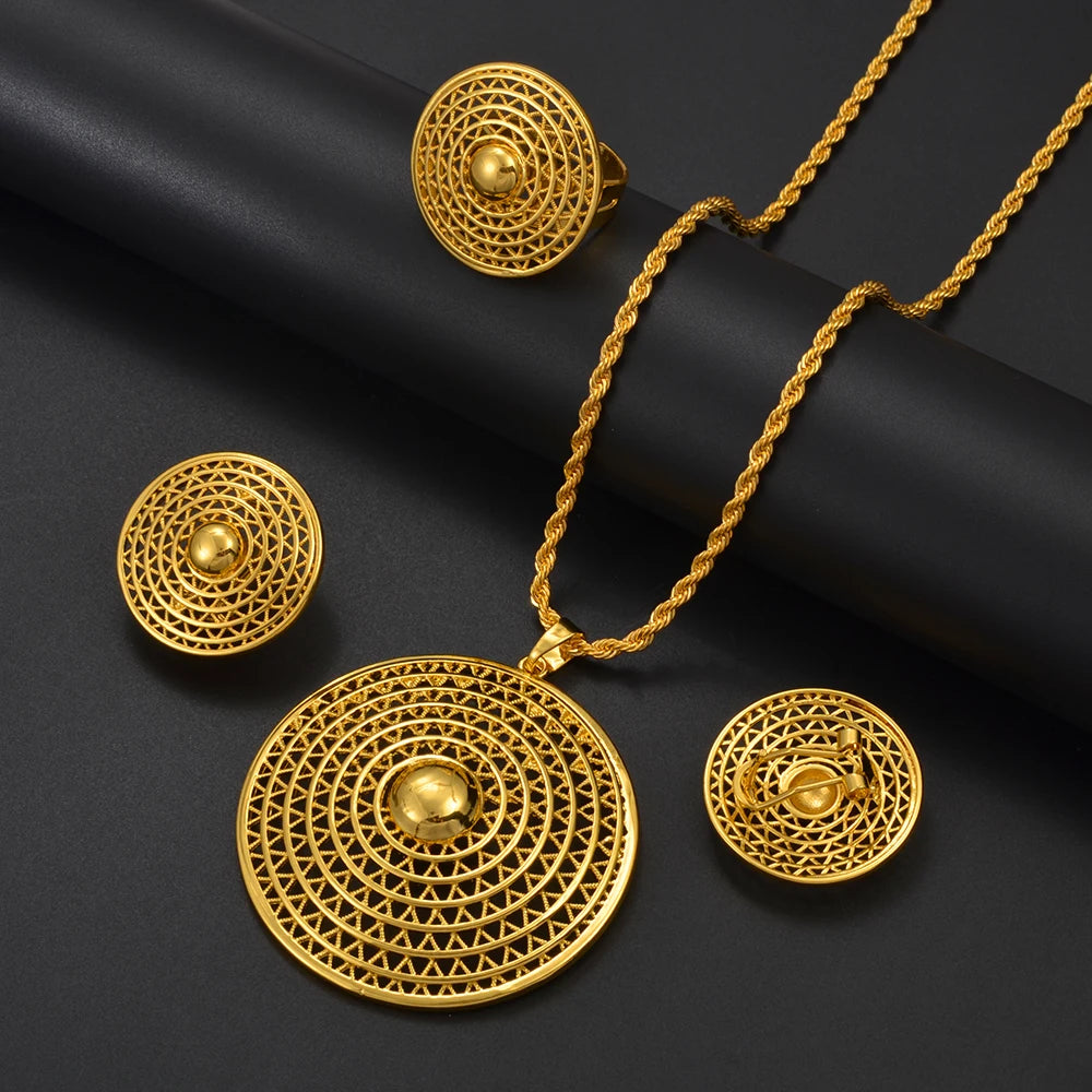 Ethiopian Jewelry Sets for Women Round Pendant Necklaces Earrings Ring Gold Color Eritrean Wedding Party