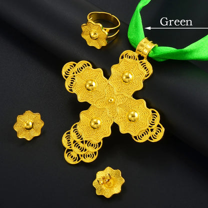 Ethiopian Large Pendant Necklaces Earrings Ring Gold Color Jewelry sets African Eritrean Traditional Ethnic Goods