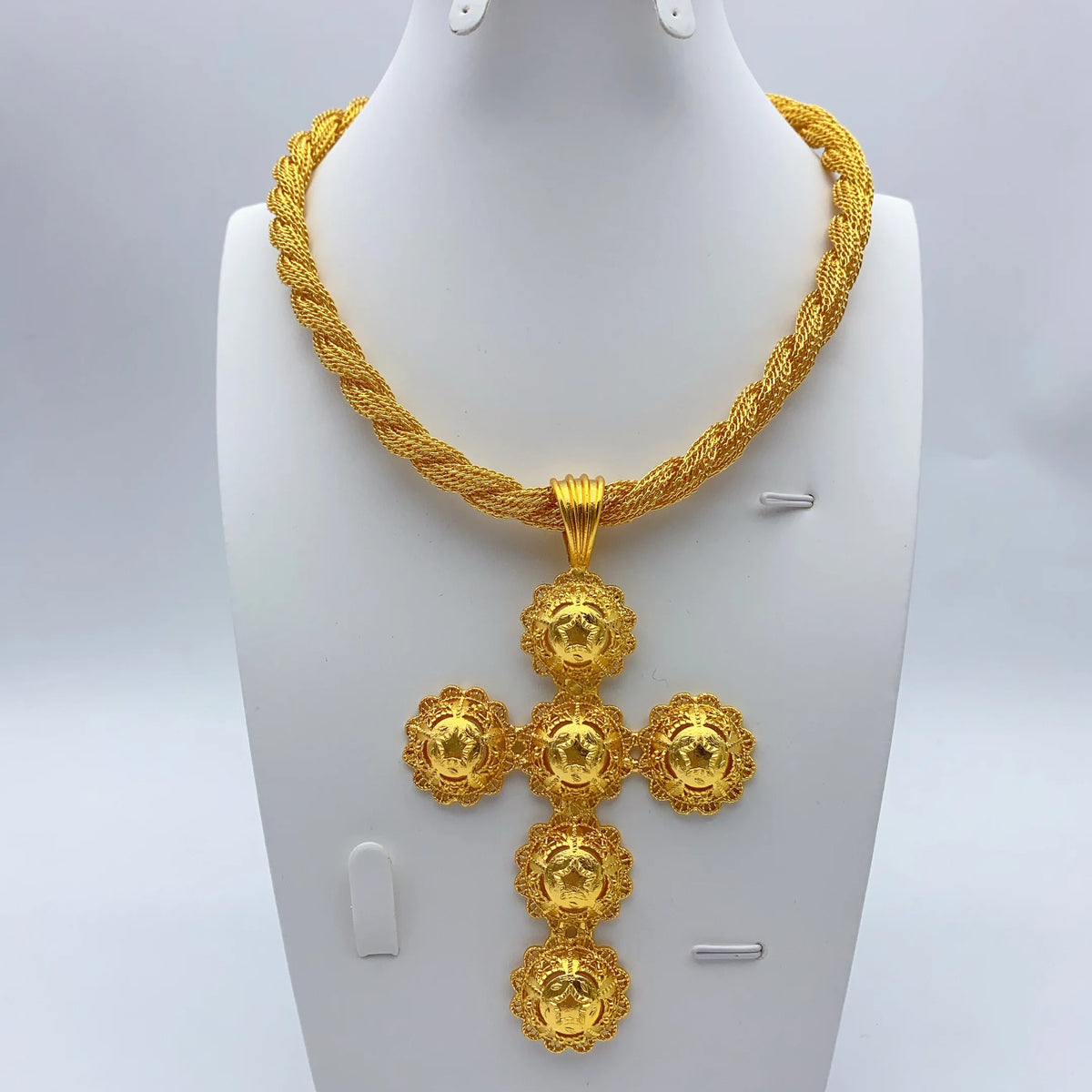 Ethiopian Cross Pendant Twisted Chain for Women Man African Wedding Party Gold Plated Dubai Eritrea Jewelry Cross Gift