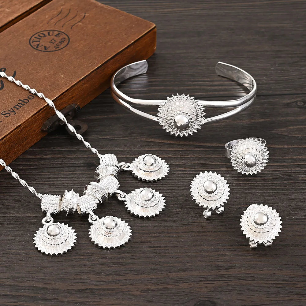Silver Plated Plain Ethiopian Eritrea Ethnic Classic Big Size Earring/2PCS Pendant/Ring /Bracelet Jewelry Bride Wedding Set Gifts