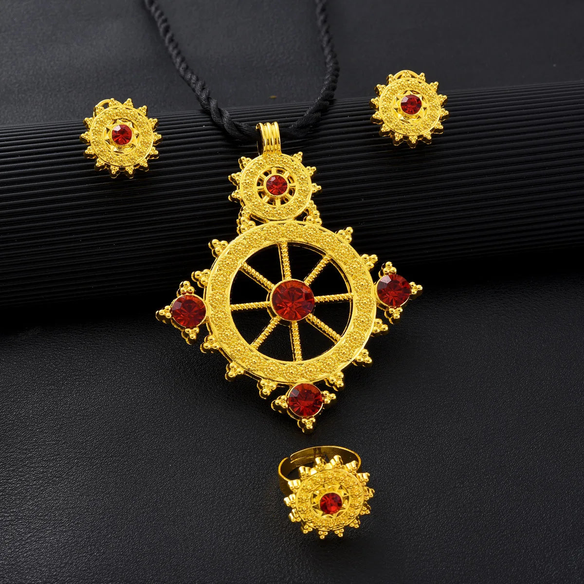 Dubai Africa Golden Color Cool and Fashion Jewelry Set Rudder Design Pendant Earrings Ring Ethiopian Bridal Wedding Gift