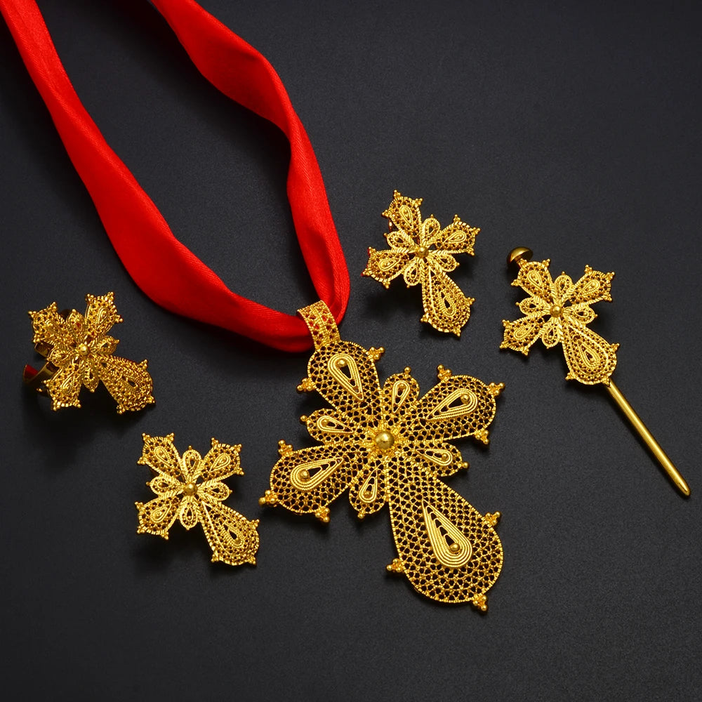 Ethiopian Cross Jewelry sets Silver/Gold Color Necklaces Earrings Ring Hairpin Eritrean African Ethnic Wedding