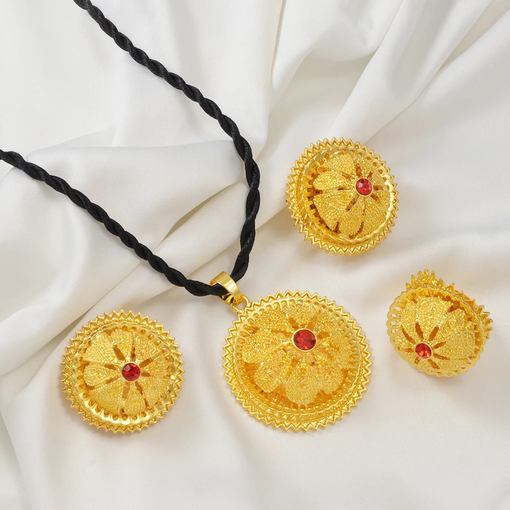 Ethiopian Jewelry Sets Red Stone Pendant and Black Rope Earrings Bracelet Rings Habesha Eritrean African Wedding