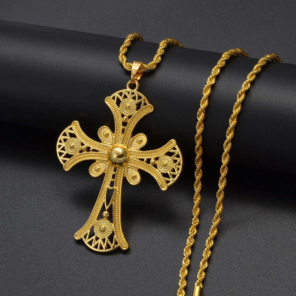 Ethiopian Cross Pendant Necklaces for Women  Gold Color Habesha Eritrean African Ethnic Traditional Jewelry