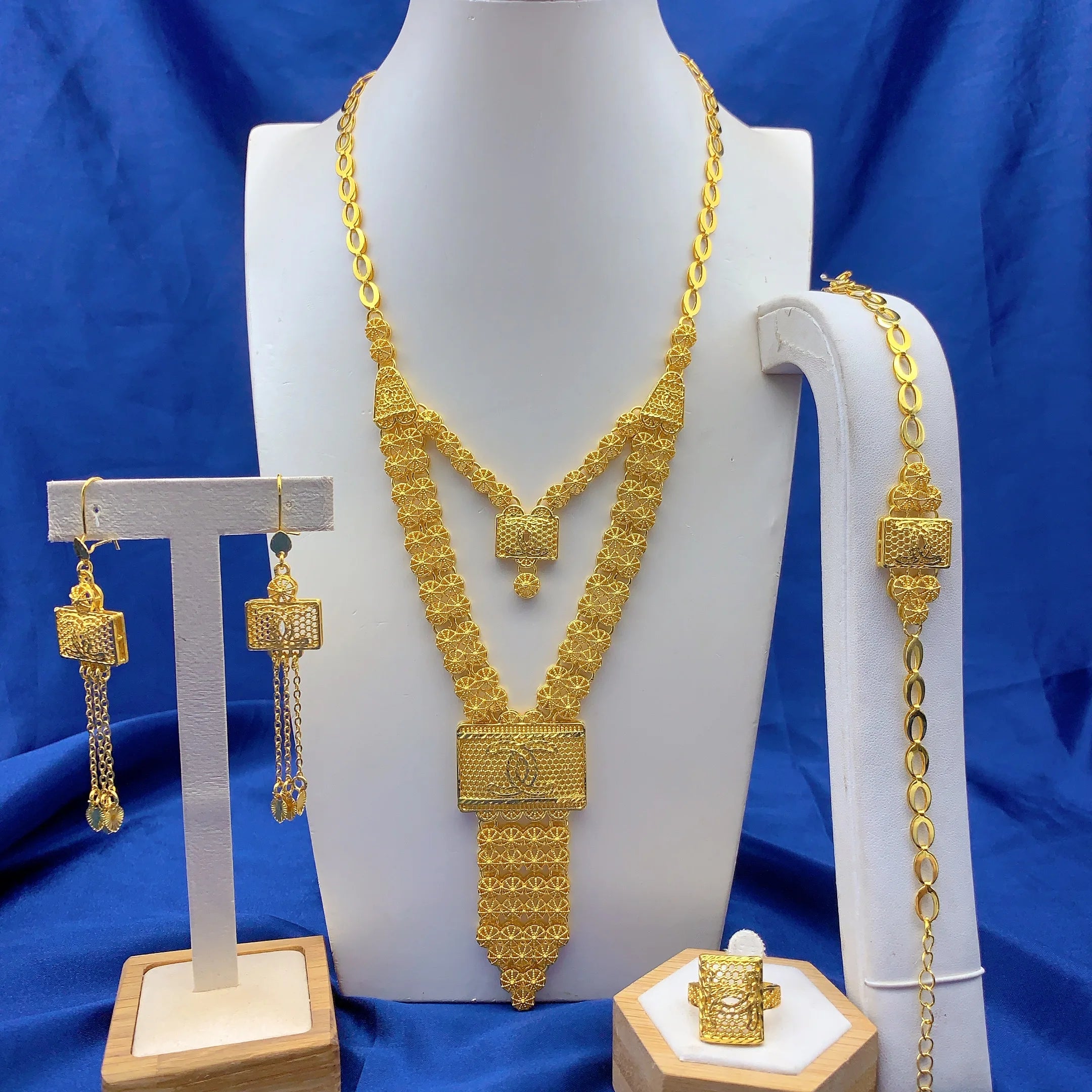 Ethiopian 24K Gold Color Jewelry Set For Women Bridal Dubai Nigerian Long Tassel Necklace Bracelet Earring Ring Sets Party Gift