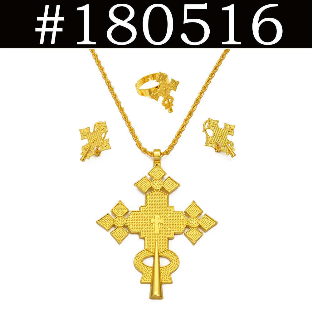 NEW Ethiopian Eritrea Cross Jewelry Sets Necklaces Earrings Rings for Women  Africa Ethnic Wedding Party Gifts