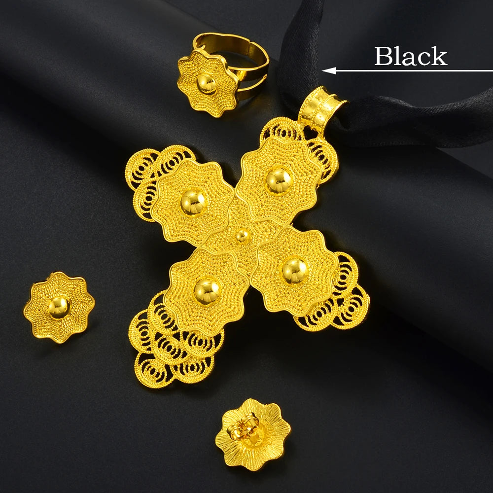 Ethiopian Large Pendant Necklaces Earrings Ring Gold Color Jewelry sets African Eritrean Traditional Ethnic Goods