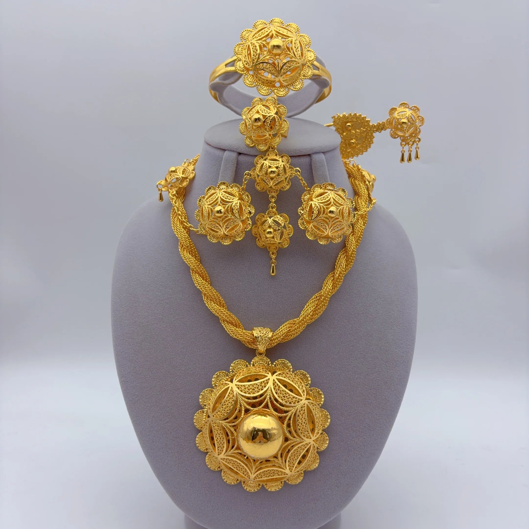 Dubai Ethiopian Twisted Necklace Sets For Women 6pcs Wedding Gold Plated African Jewelry Set Indian Jewellery Anniversary Gifts