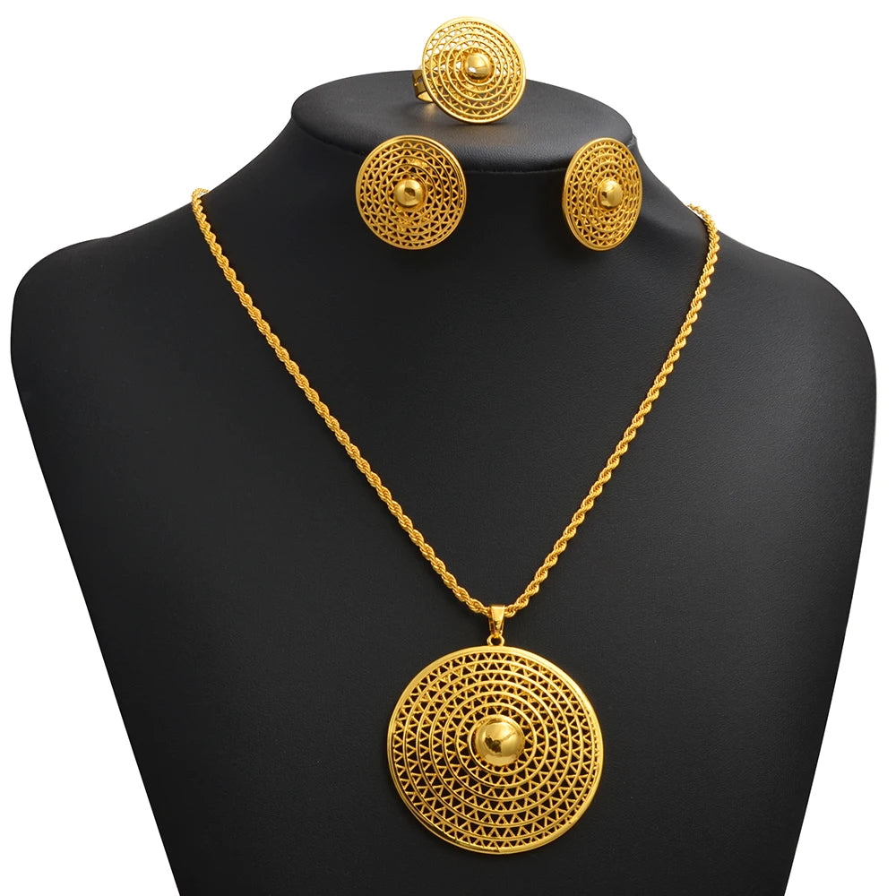 Ethiopian Jewelry Sets for Women Round Pendant Necklaces Earrings Ring Gold Color Eritrean Wedding Party