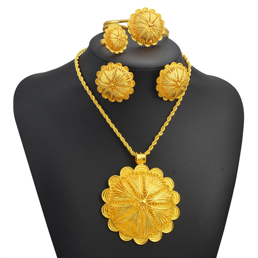 Big Pendant Necklace Earrings Bracelet Rings African Ethiopian Jewelry Sets Eritrean Arabic Wedding Decor