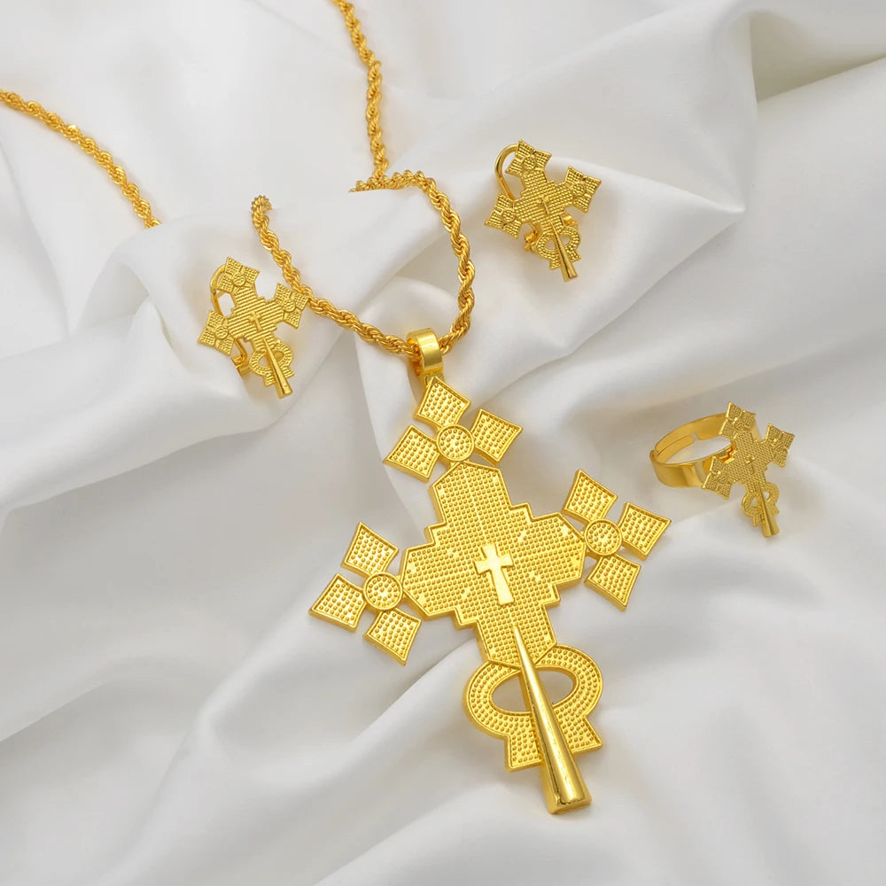 NEW Ethiopian Eritrea Cross Jewelry Sets Necklaces Earrings Rings for Women  Africa Ethnic Wedding Party Gifts