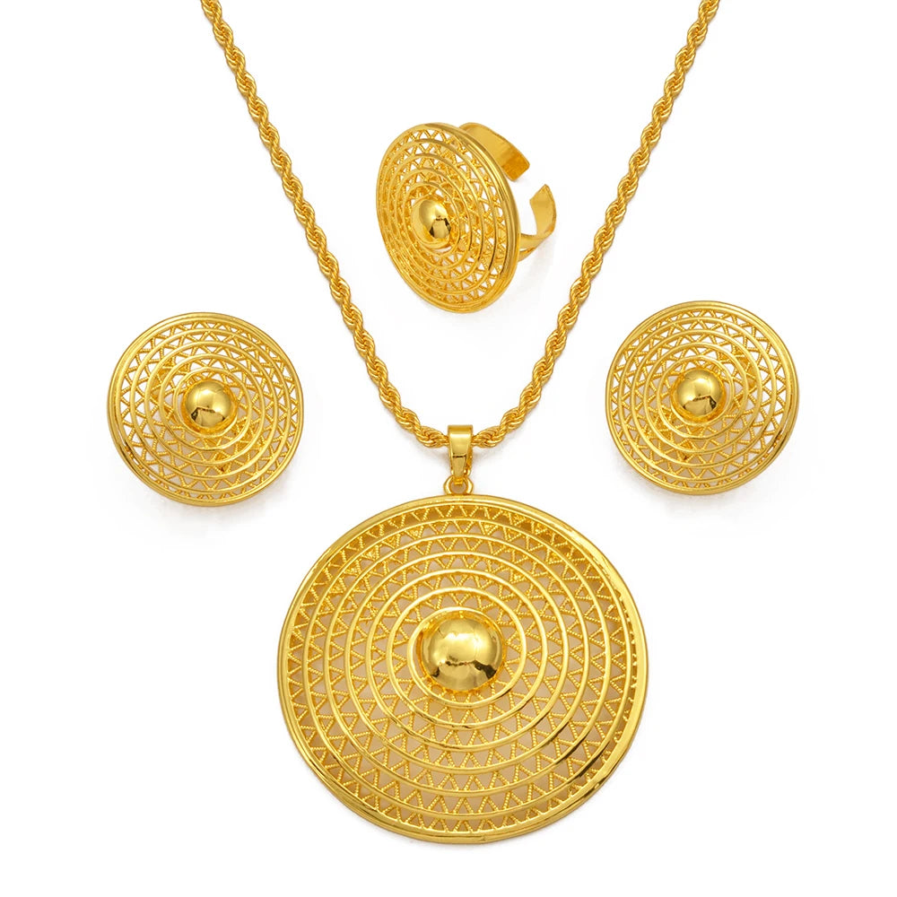 Ethiopian Jewelry Sets for Women Round Pendant Necklaces Earrings Ring Gold Color Eritrean Wedding Party