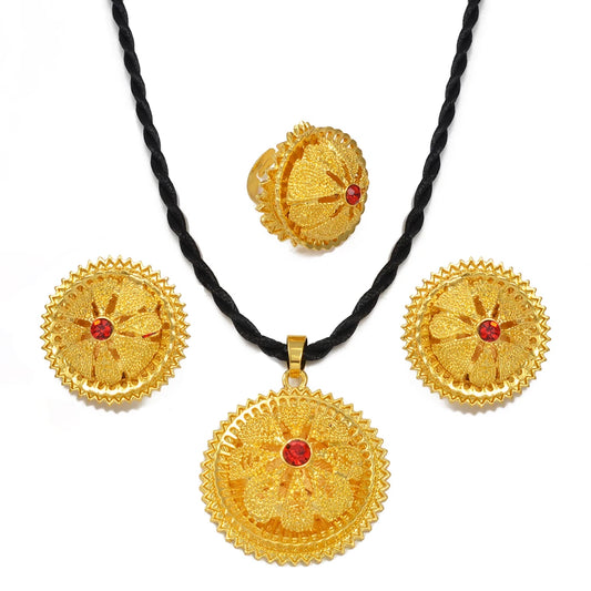 Ethiopian Jewelry Sets Red Stone Pendant and Black Rope Earrings Bracelet Rings Habesha Eritrean African Wedding