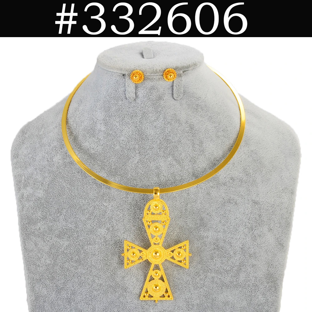 BIG SIZE PENDANT Chokers Collar and 1CM Small Earrings Ethiopian Jewelry sets Eritrean African Habesha