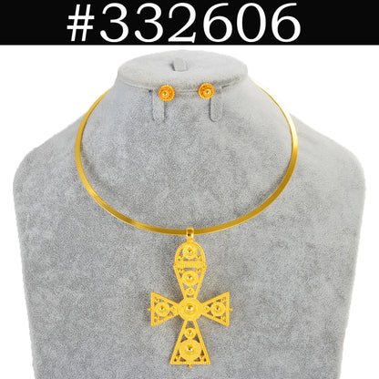 BIG SIZE PENDANT Chokers Collar and 1CM Small Earrings Ethiopian Jewelry sets Eritrean African Habesha