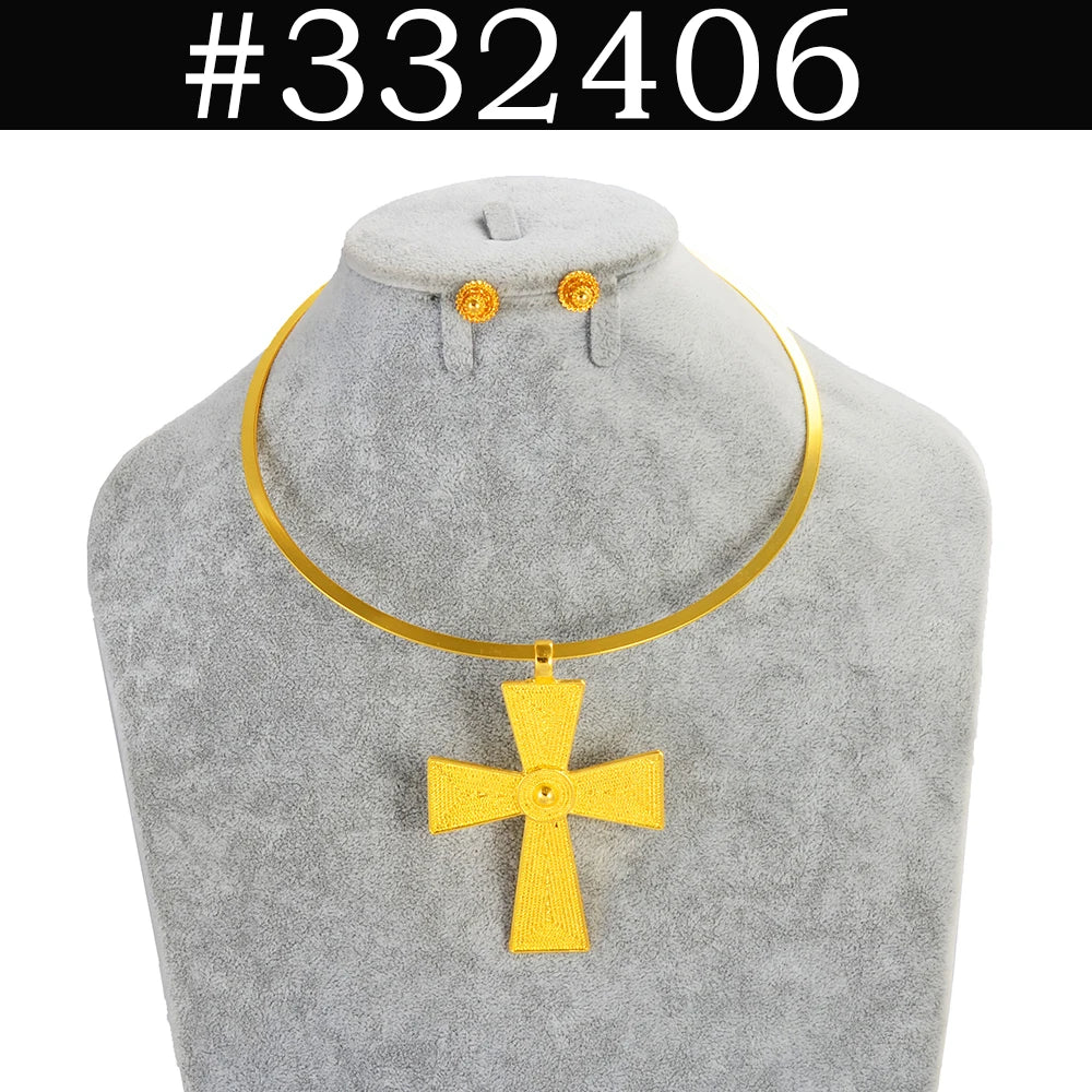 BIG SIZE PENDANT Chokers Collar and 1CM Small Earrings Ethiopian Jewelry sets Eritrean African Habesha