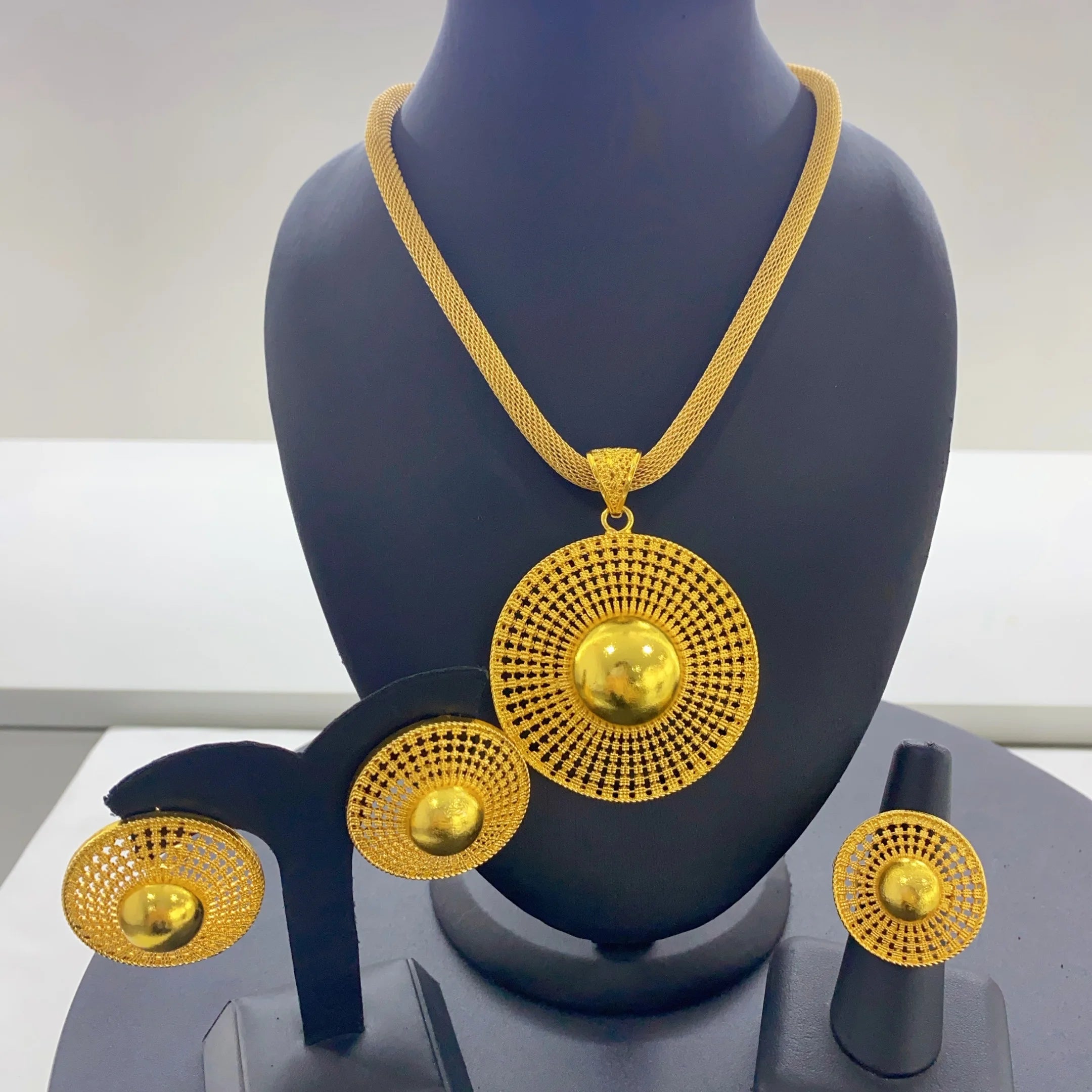 ANIID Luxury Dubai 24k Gold Plated Round Necklace And Earrings Sets For Women Ethiopian Indian Bridal Jewelry Set Wedding