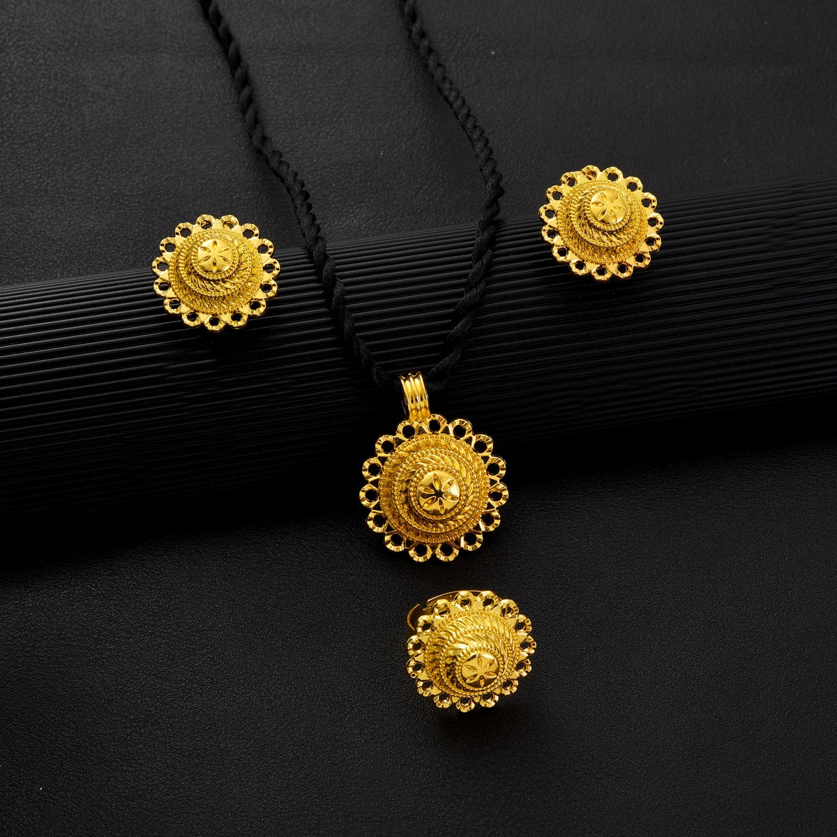 Ethiopia Gold Color Jewelry Set Necklace Pendant Earrings Ring Middle East Africa Bridal Wedding Party Accessory Festival Gifts
