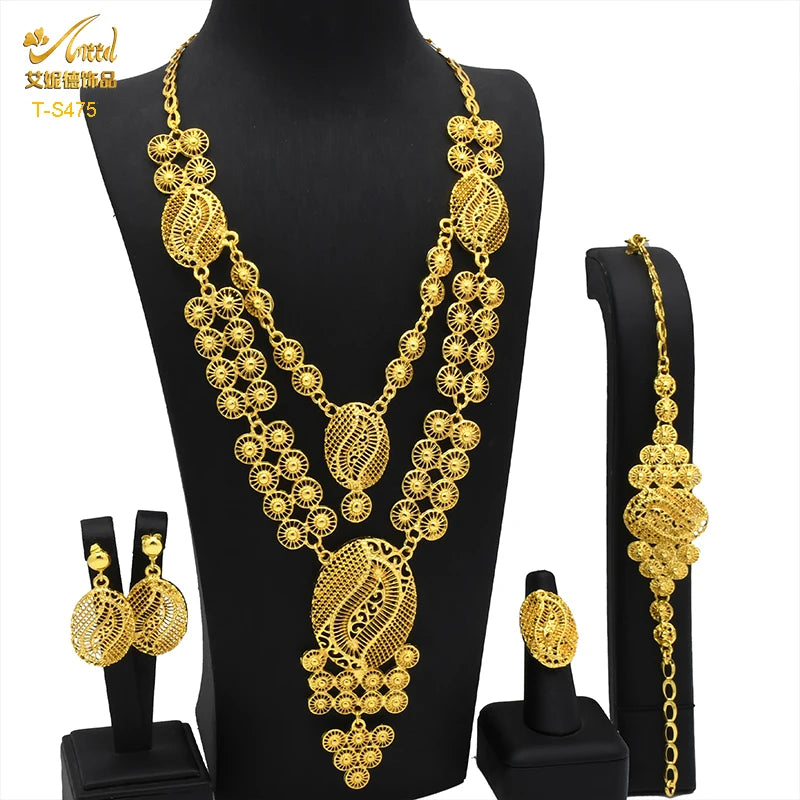 ANIID New Indian 24K Gold Color Long Necklace Set Nigerian Party Bridal Wedding Ethiopian Luxury Dubai Jewelry Wholesale Gifts