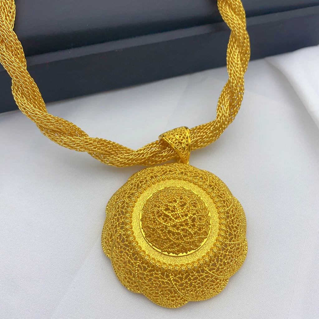 Luxury Ethiopian Round Necklace And Earrings Jewelry Sets For Women Dubai Indian Bridal 24k Gold Color Set Wedding Party Gifts