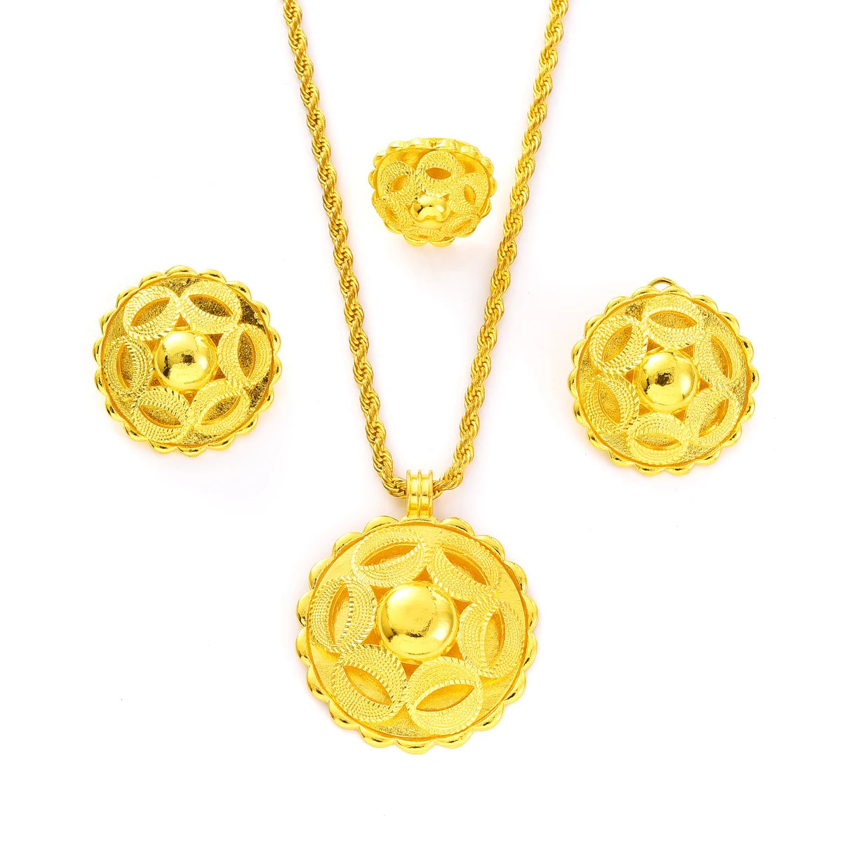 Eritrean Ethnic Style Jewelry Set Gold Color Necklace Pendant Ring Earring  Ethiopian Bride Traditional Wedding Jewelry Gift