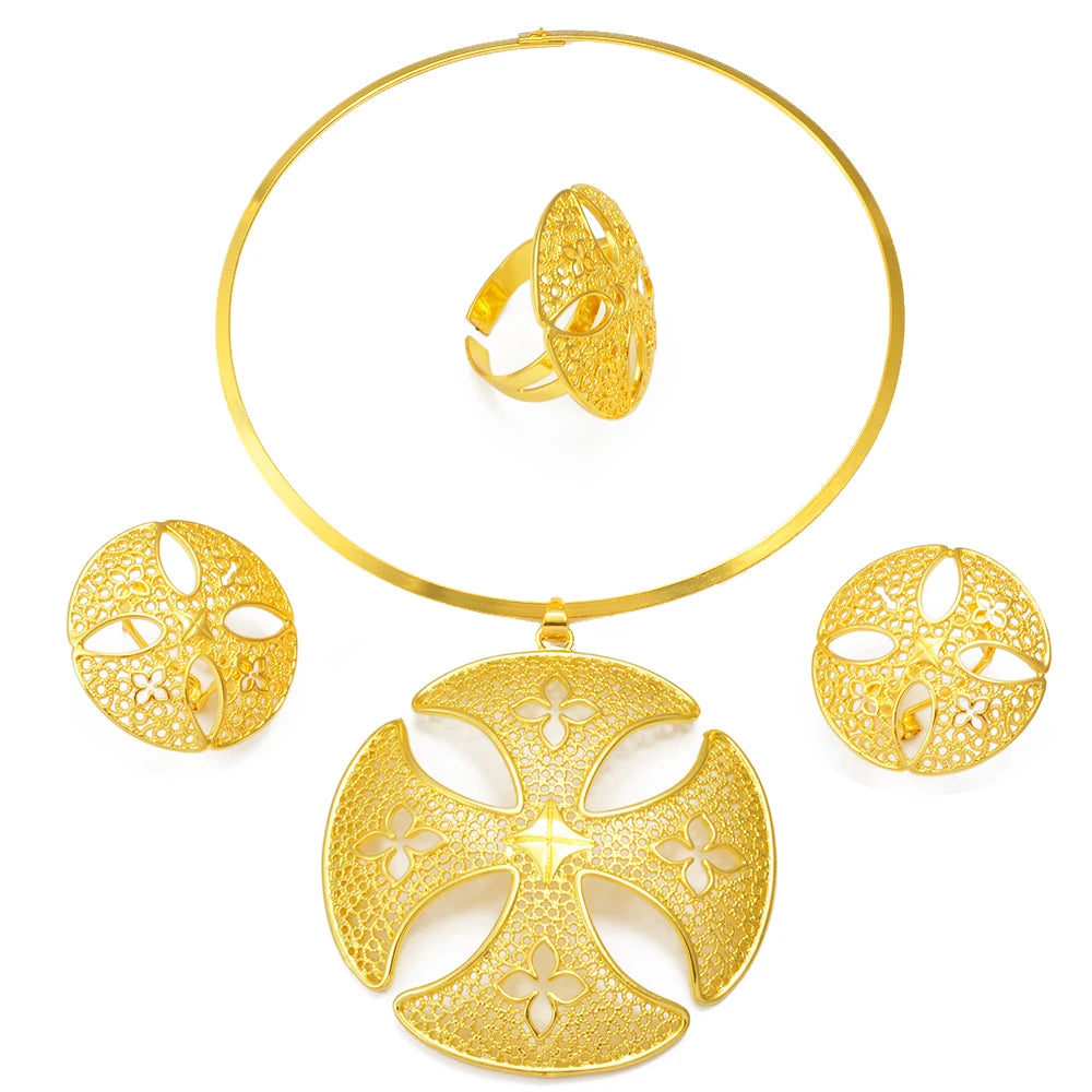 Ethiopian Jewelry Sets for Women Round Pendant Necklaces Earrings Ring Gold Color Eritrean Wedding Party