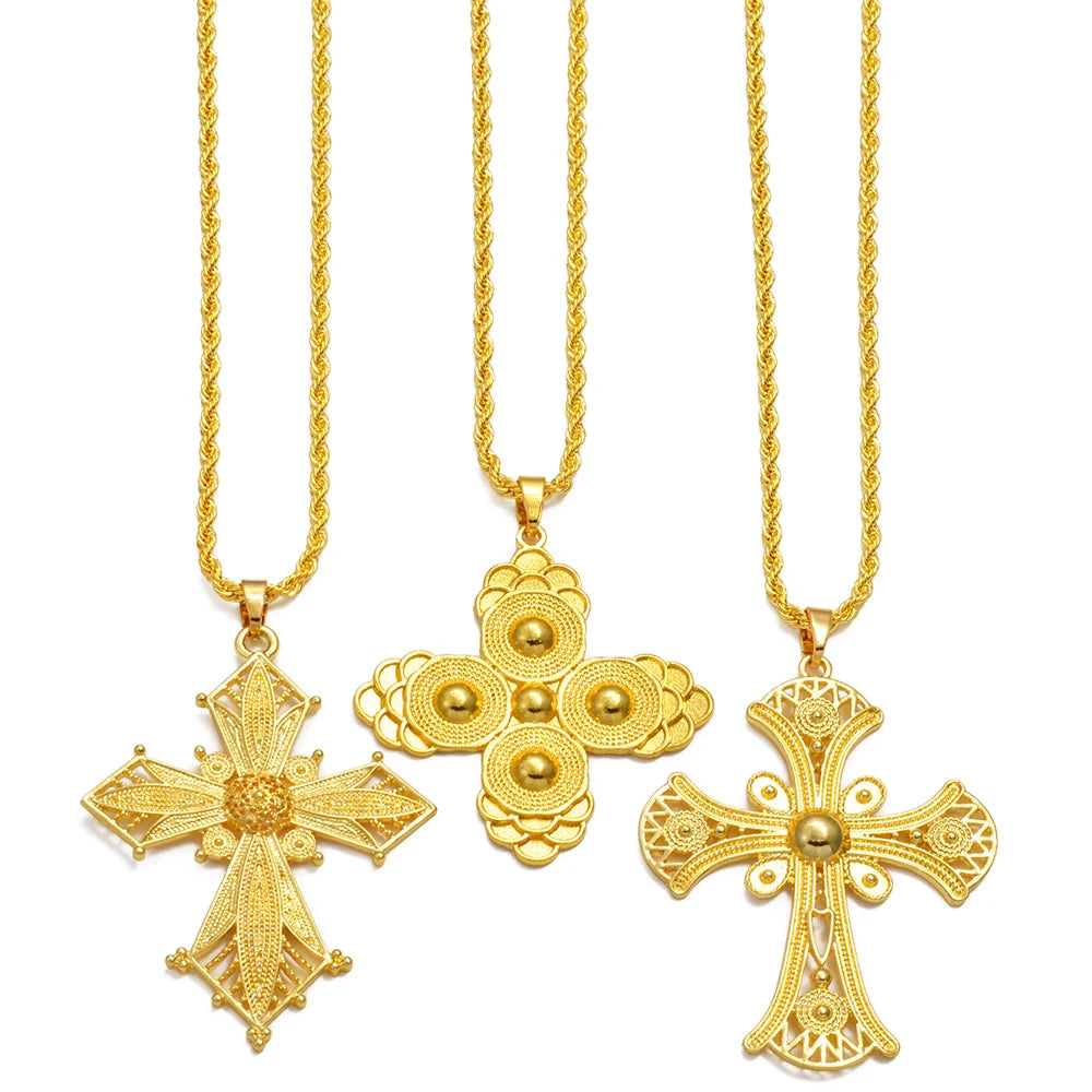 Ethiopian Cross Pendant Necklaces for Women  Gold Color Habesha Eritrean African Ethnic Traditional Jewelry