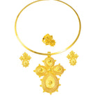 African Gold Color Big Cross Round Chokers Earrings and Ring Jewelry Sets Ethiopian Eritrean Wedding Habesha