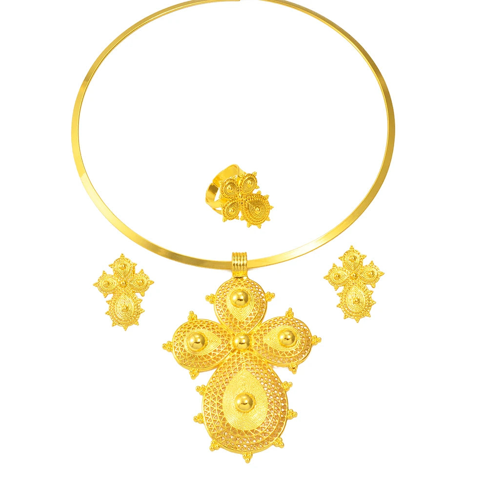 African Gold Color Big Cross Round Chokers Earrings and Ring Jewelry Sets Ethiopian Eritrean Wedding Habesha