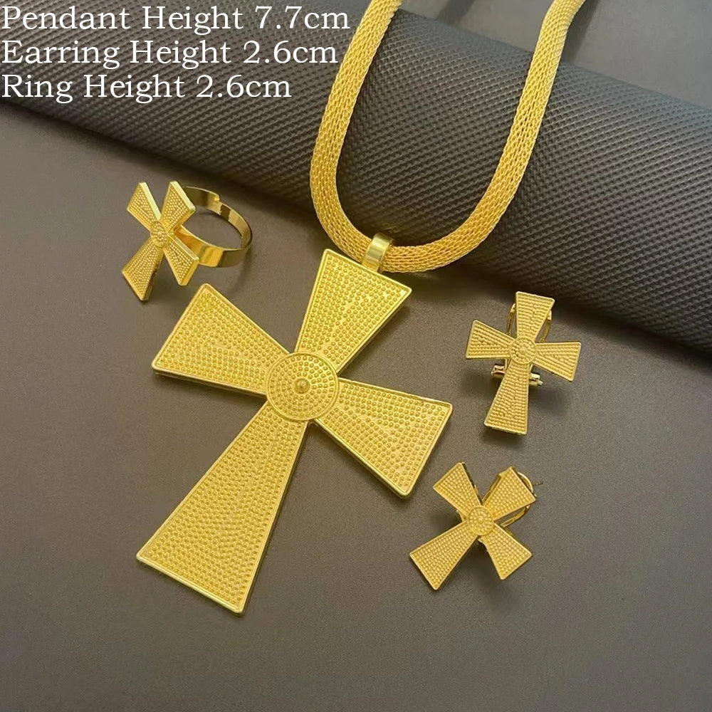 Ethiopian Jewelry Sets Big Cross Pendant Hollow Necklaces Earrings Rings Habesha Eritrean African Wedding