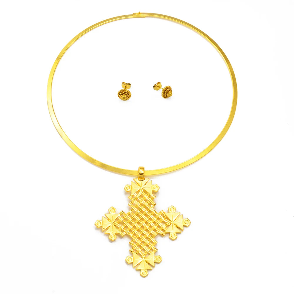 BIG Cross Collar Round Pendant & 1CM Small Earrings Choker Ethiopia Birthday Jewelry sets Africa Eritrean Habesha