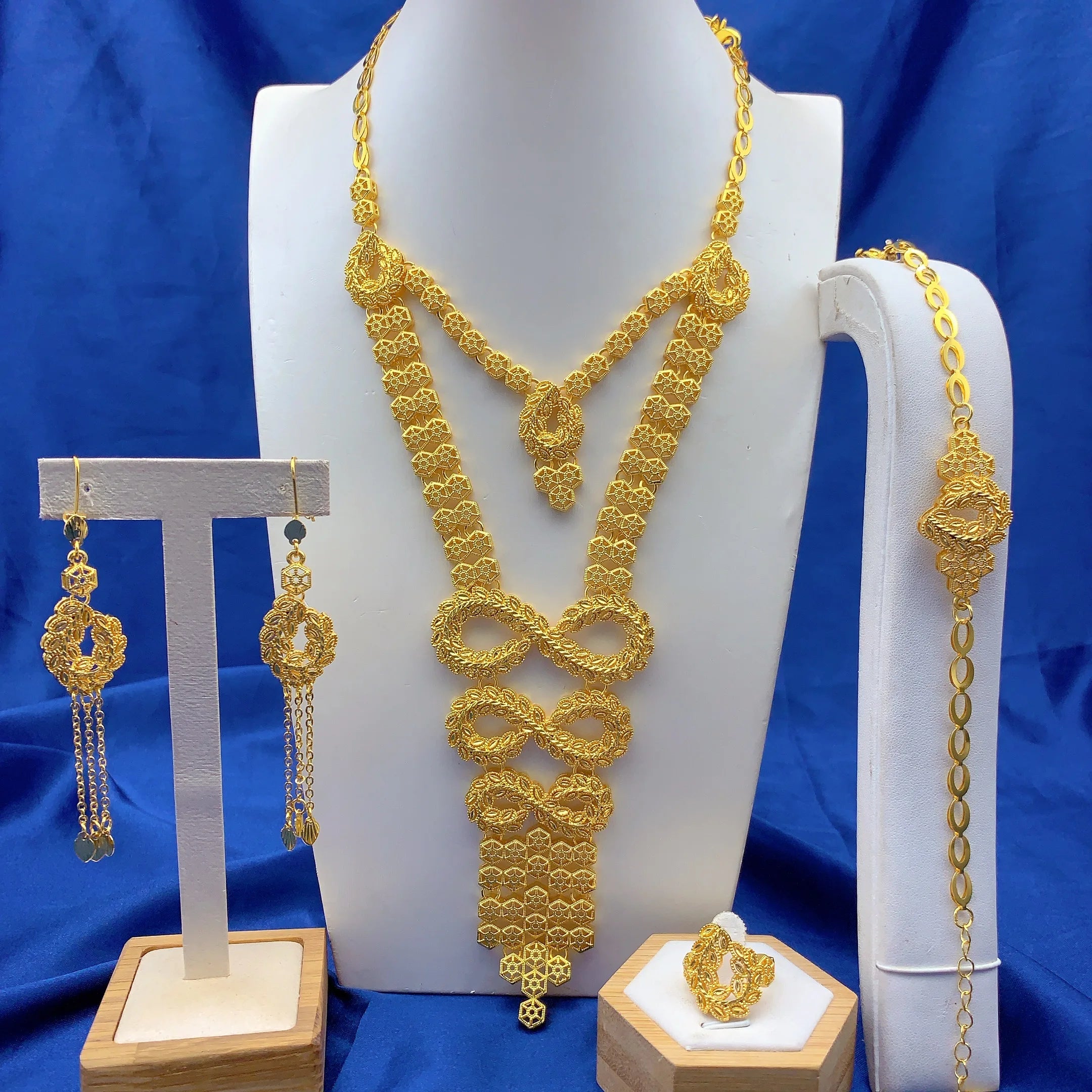 Ethiopian 24K Gold Color Jewelry Set For Women Bridal Dubai Nigerian Long Tassel Necklace Bracelet Earring Ring Sets Party Gift