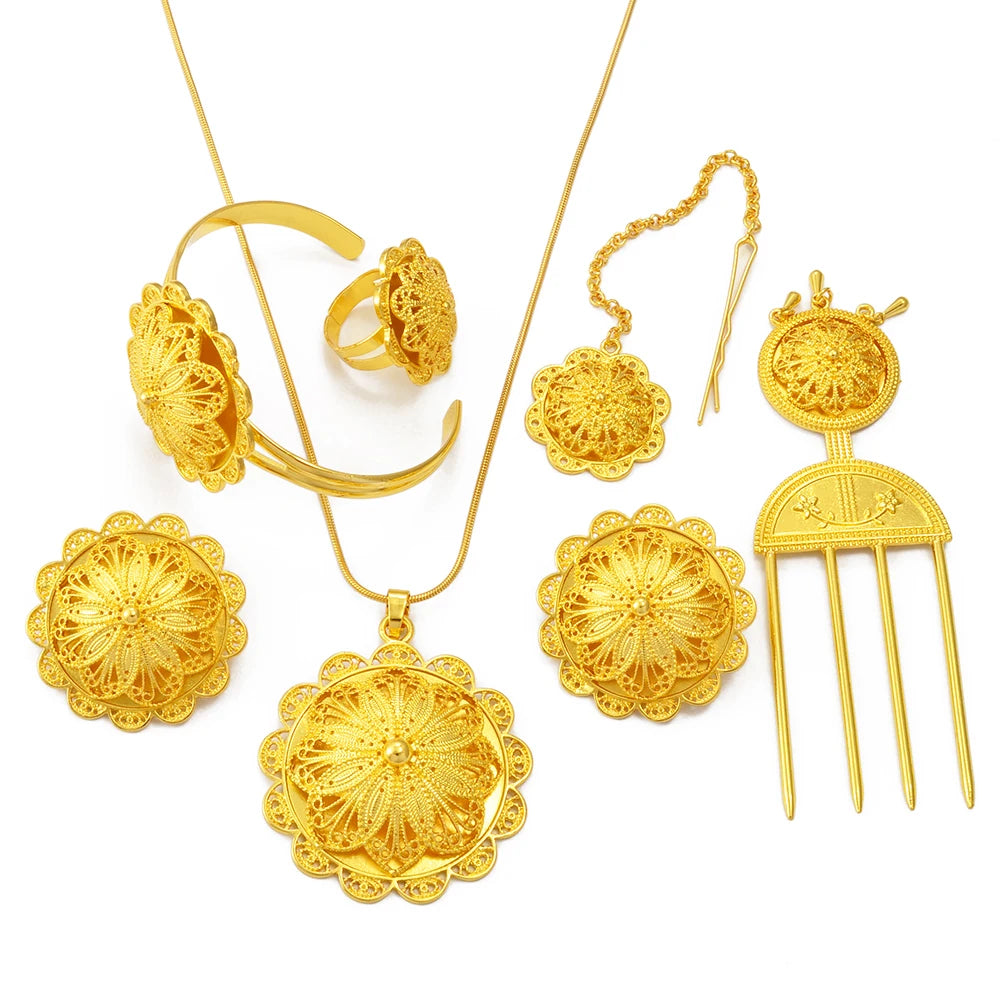 Ethiopian Jewelry sets Necklace Earrings Ring Hairpin Forehead Chain Bracelet Eritrean African Ethnic Bridal Item