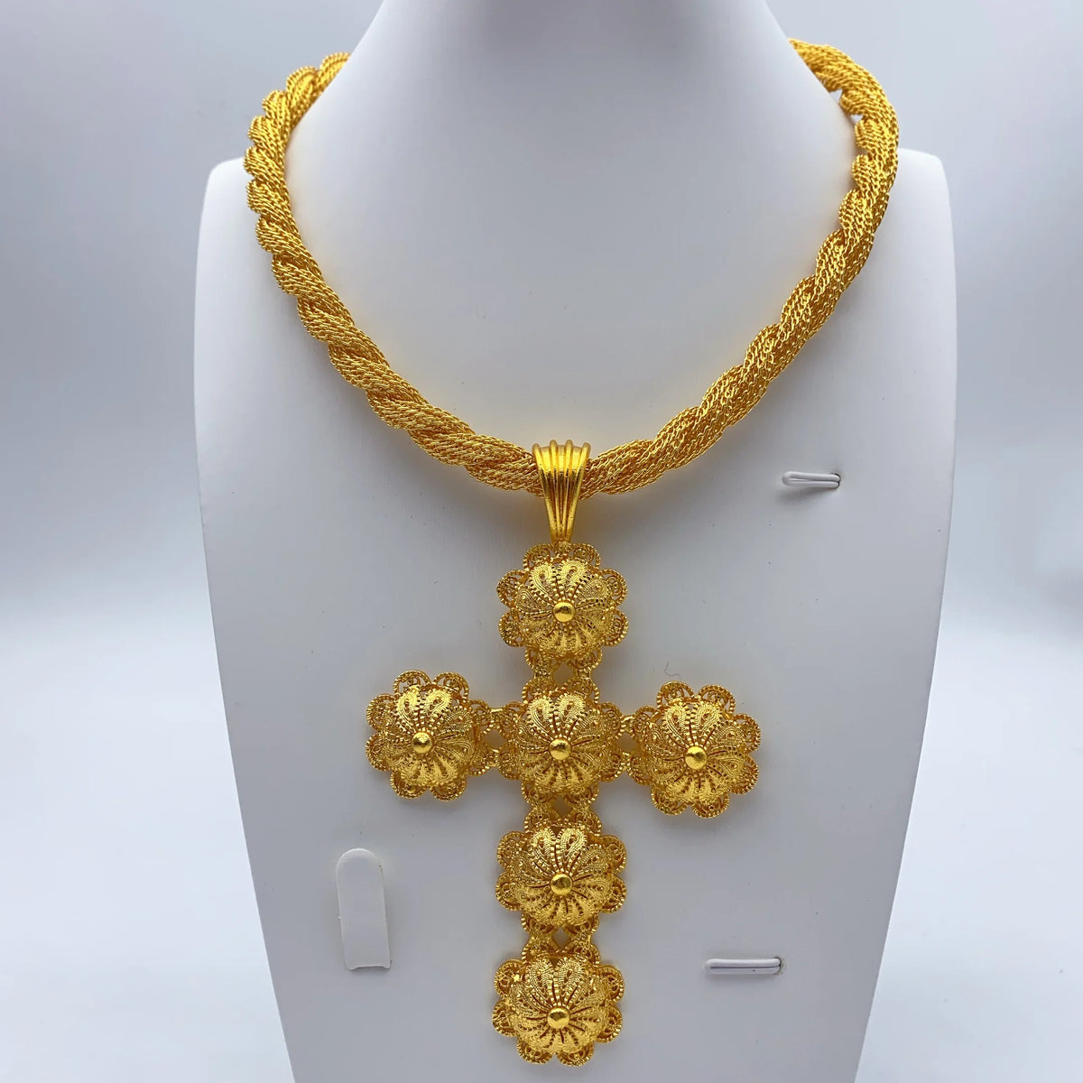 Ethiopian Cross Pendant Twisted Chain for Women Man African Wedding Party Gold Plated Dubai Eritrea Jewelry Cross Gift