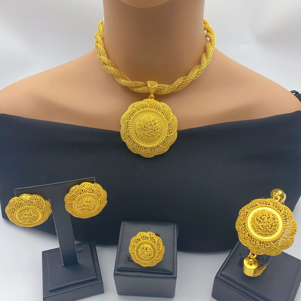 Luxury Ethiopian Round Necklace And Earrings Jewelry Sets For Women Dubai Indian Bridal 24k Gold Color Set Wedding Party Gifts