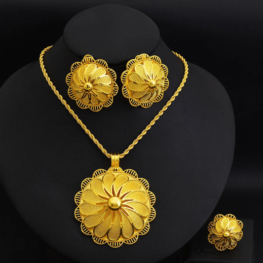 African Ethiopian Golden Color Jewelry Set Women Exquisite Big Pendant Ring Earrings Arab Bridal Wedding Traditional Gift