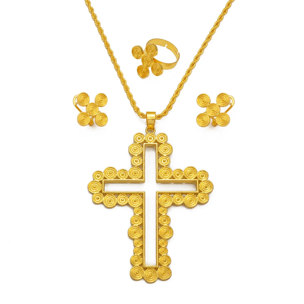 African Ethiopian Eritrean Cross Jewelry Sets Women Gold/Silver Color Pendant Necklaces Earrings Rings Saudi Arabia