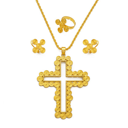 African Ethiopian Eritrean Cross Jewelry Sets Women Gold/Silver Color Pendant Necklaces Earrings Rings Saudi Arabia